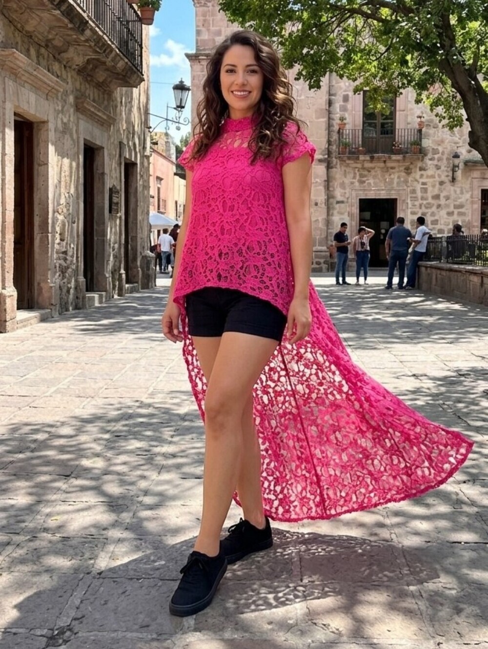 Kate & Mallory Vibrant Pink Lace Blouse Large